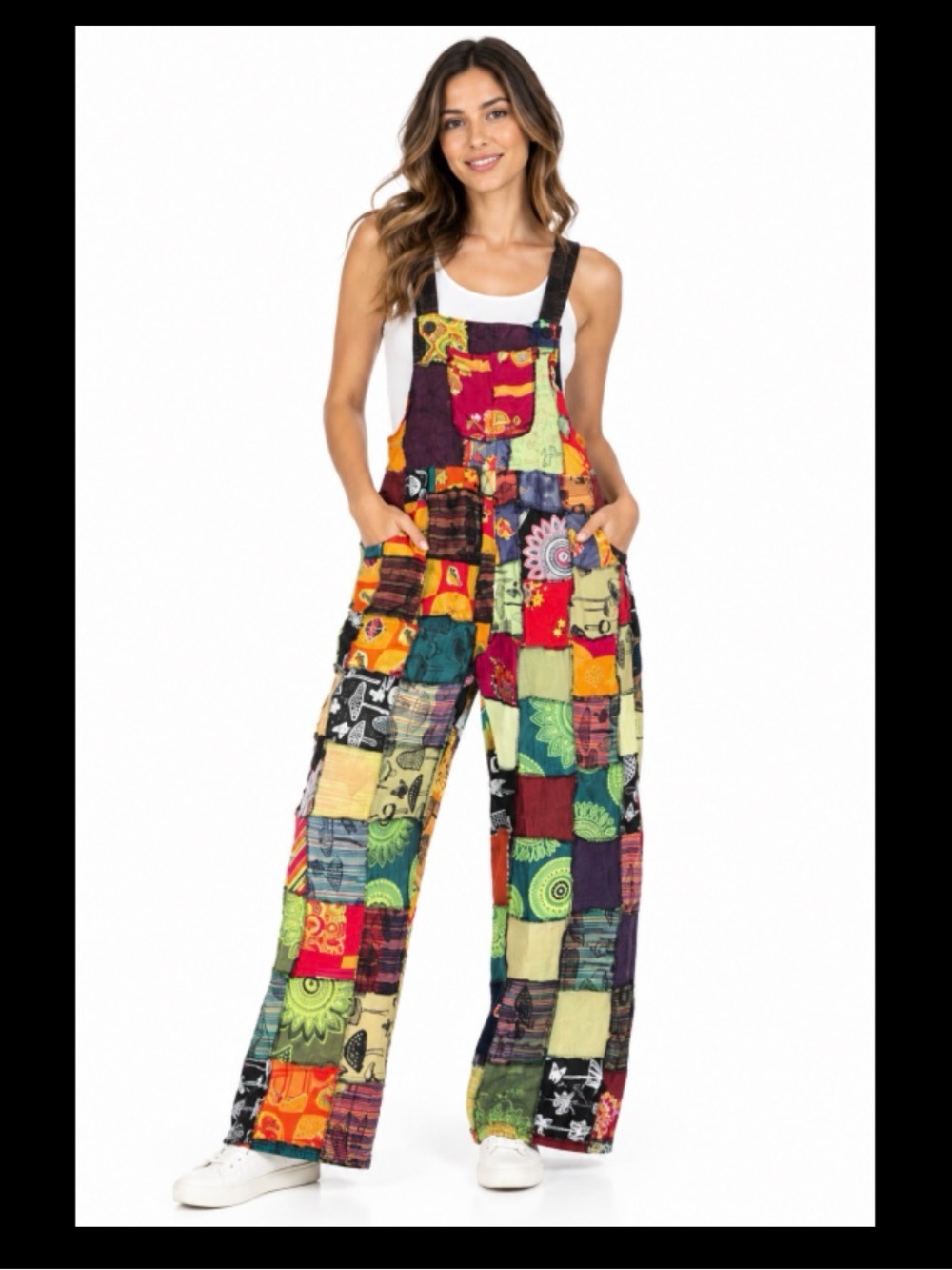 Colorful Patchwork Wide-Leg Overalls - Multicolor 100% cotton fabric